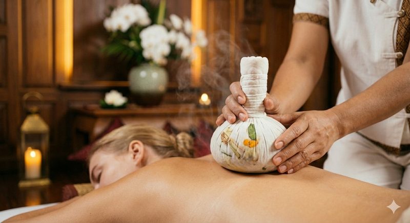 Kräuterstempel-Massage in Stuttgart – warme, mit Heilkräutern gefüllte Stoffbündel